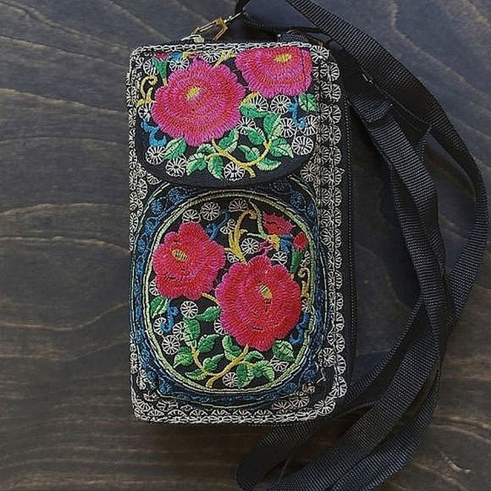 Mexican floral embroidered wallet style pocket bag